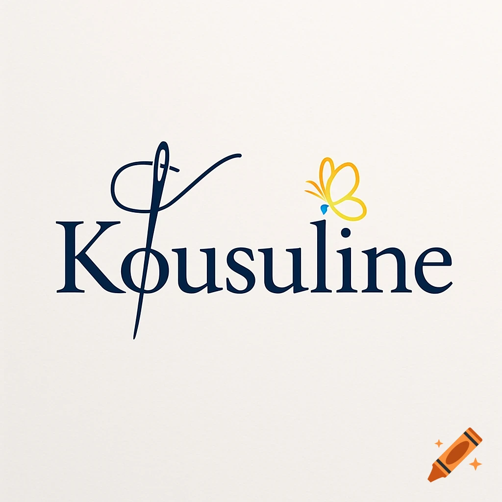 Minimalist blue and gold Kousuline logo featuring a needle integrated into the 'K' and a butterfly on the 'i'.