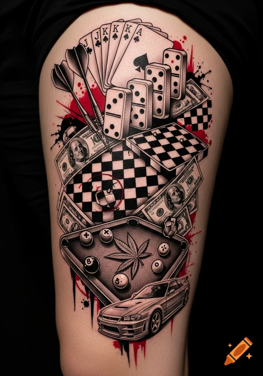 Trash polka style tattoo on a leg, featuring playing cards, dominoes, pool table with cannabis leaf, darts, money, checkerboard, and a Nissan R34 car with red and black splatters.