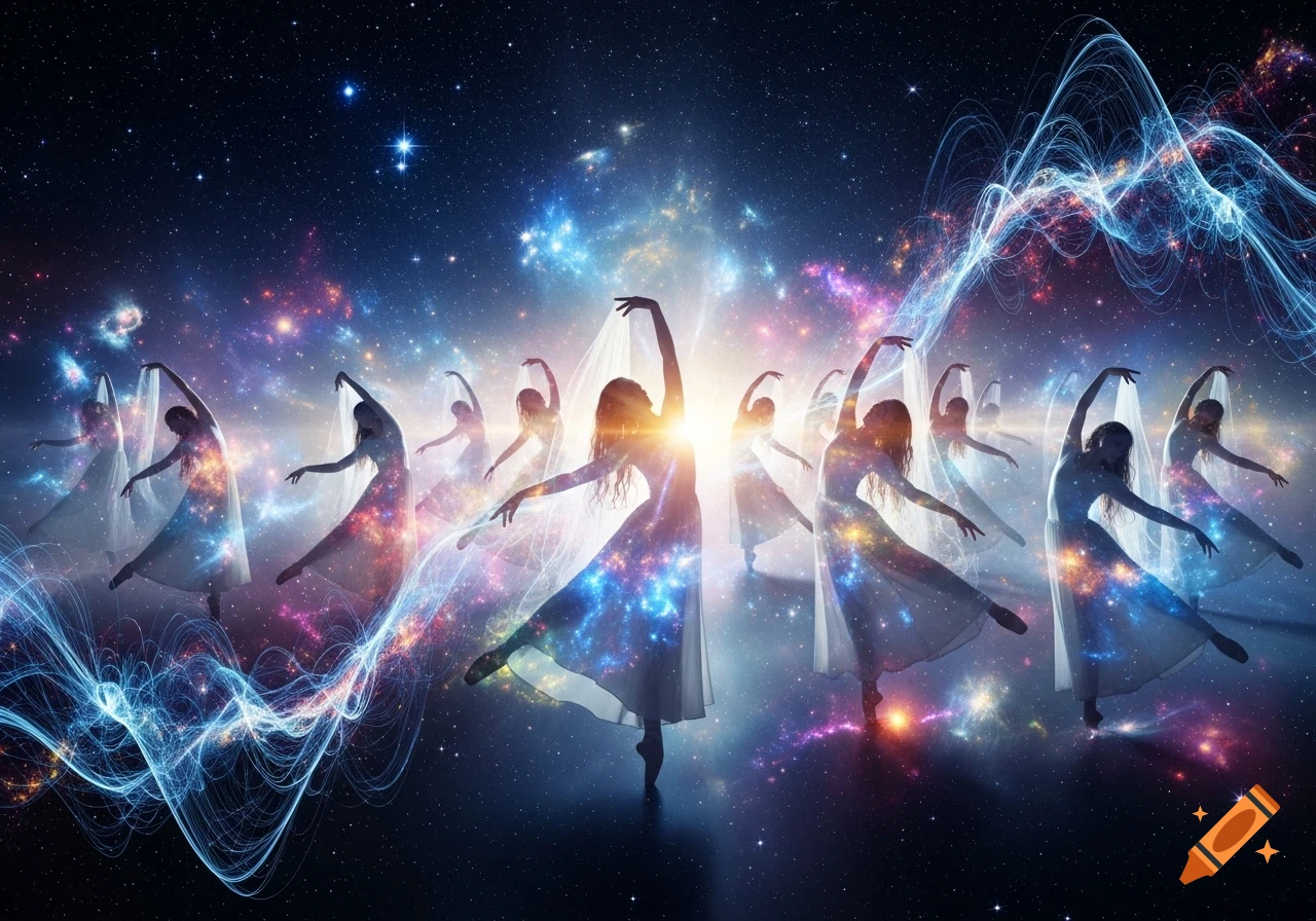 Multiple women in flowing white dresses dance gracefully in a vibrant cosmic scene filled with stars and glowing energy waves.