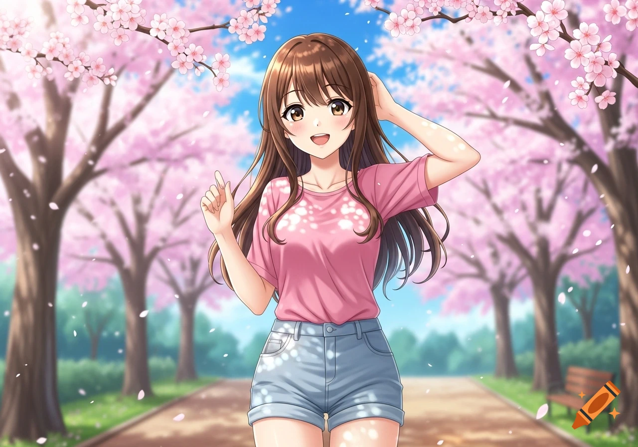 Smiling anime girl with brown hair, wearing a pink shirt and jean ...