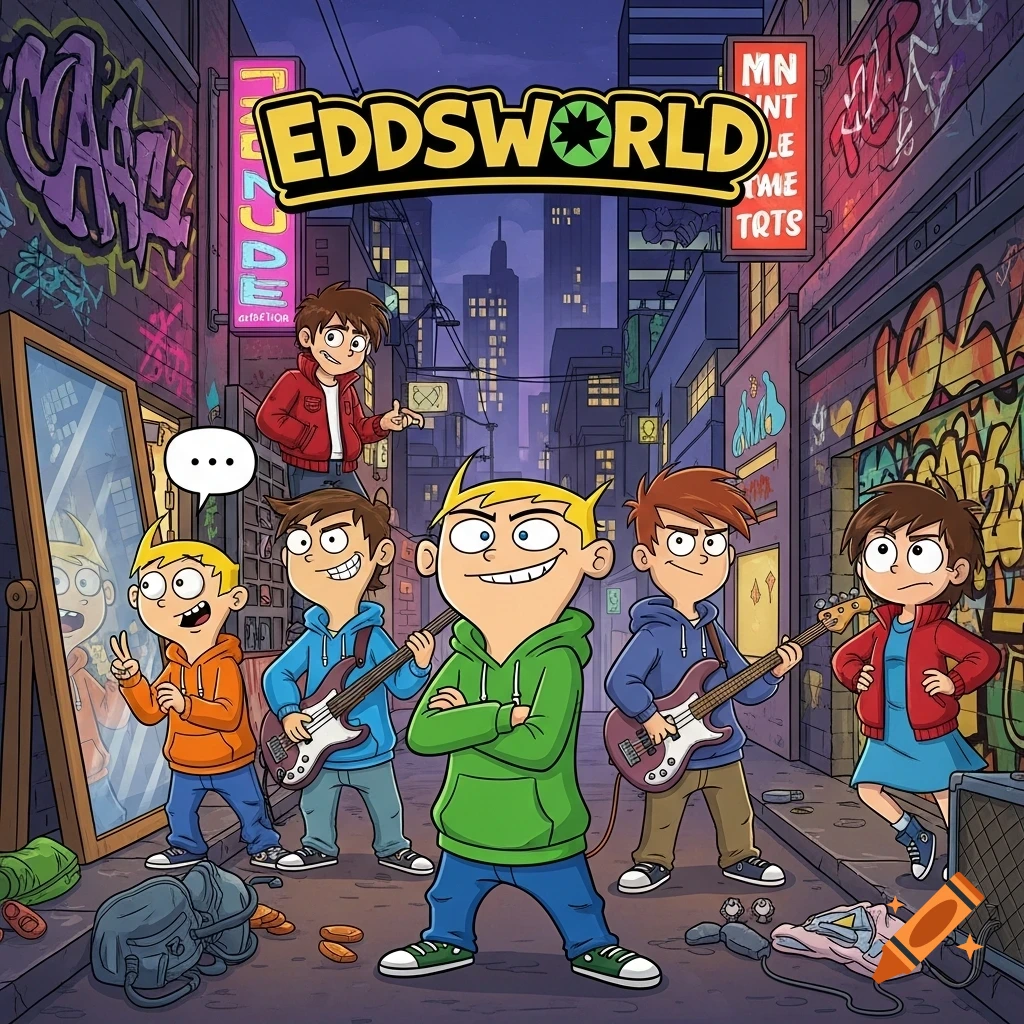 An Eddsworld-style cartoon drawing of a band with five male characters and one female character, playing instruments in a graffiti-covered alley at night. The main character, Edd, is in the foreground.