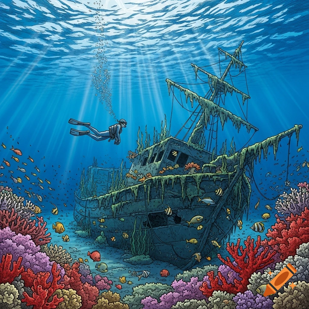 An illustration of a diver exploring a coral-covered shipwreck on the ocean floor, with schools of fish swimming around.