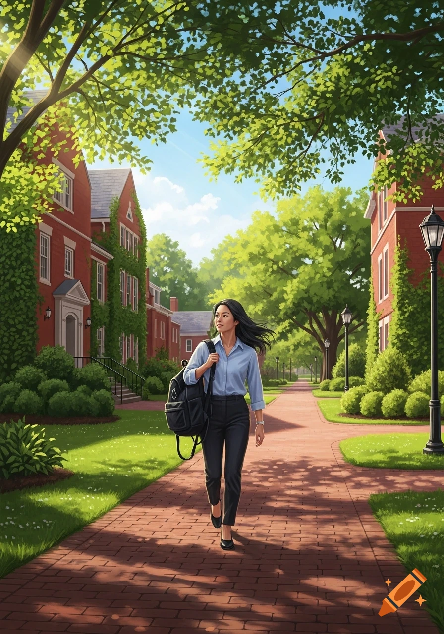 A young Asian woman walks on a brick path through a sunny college campus with red brick buildings and lush green trees, carrying a backpack.