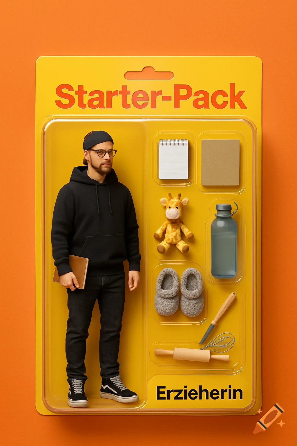 Photorealistic 3D render of a male figure "Starter-Pack" in blister packaging with a notebook, toy giraffe, and slippers.