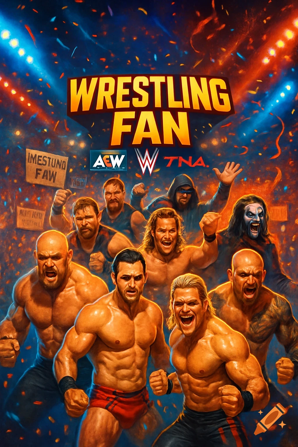 A vibrant game poster titled "WRESTLING FAN" featuring a group of muscular male wrestlers posing energetically amidst falling confetti in a stadium lit by red and blue lights. Prominent AEW, W, and TNA logos are also visible.