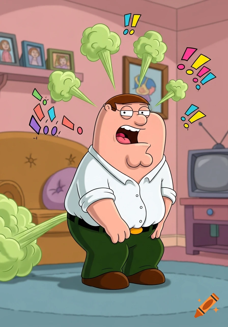 Cartoon Peter Griffin farts loudly, with green gas emanating and exclamation marks above his head in a living room.