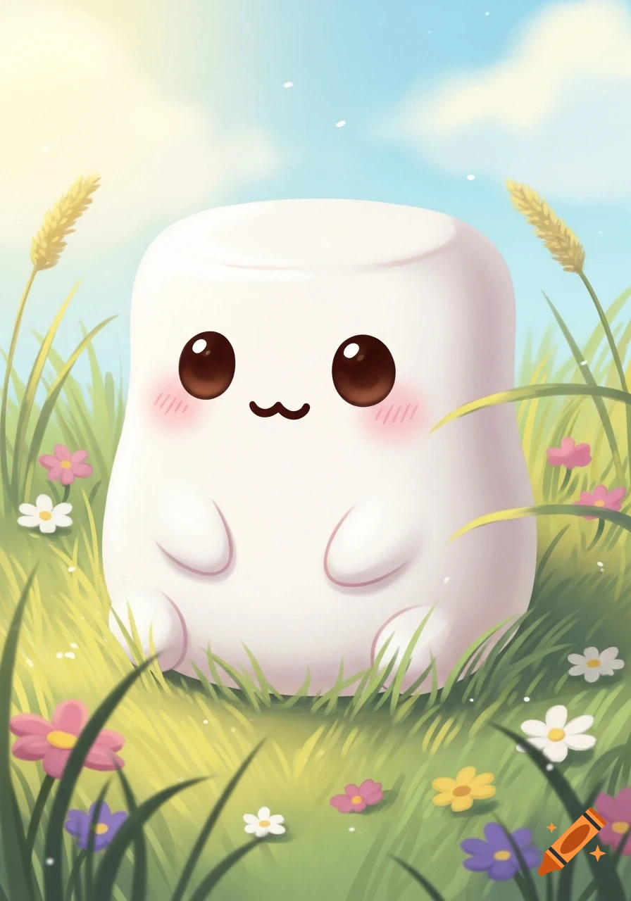 A cute, round white marshmallow-like creature with rosy cheeks sits in a bright green field with colorful flowers and wheat under a blue sky.