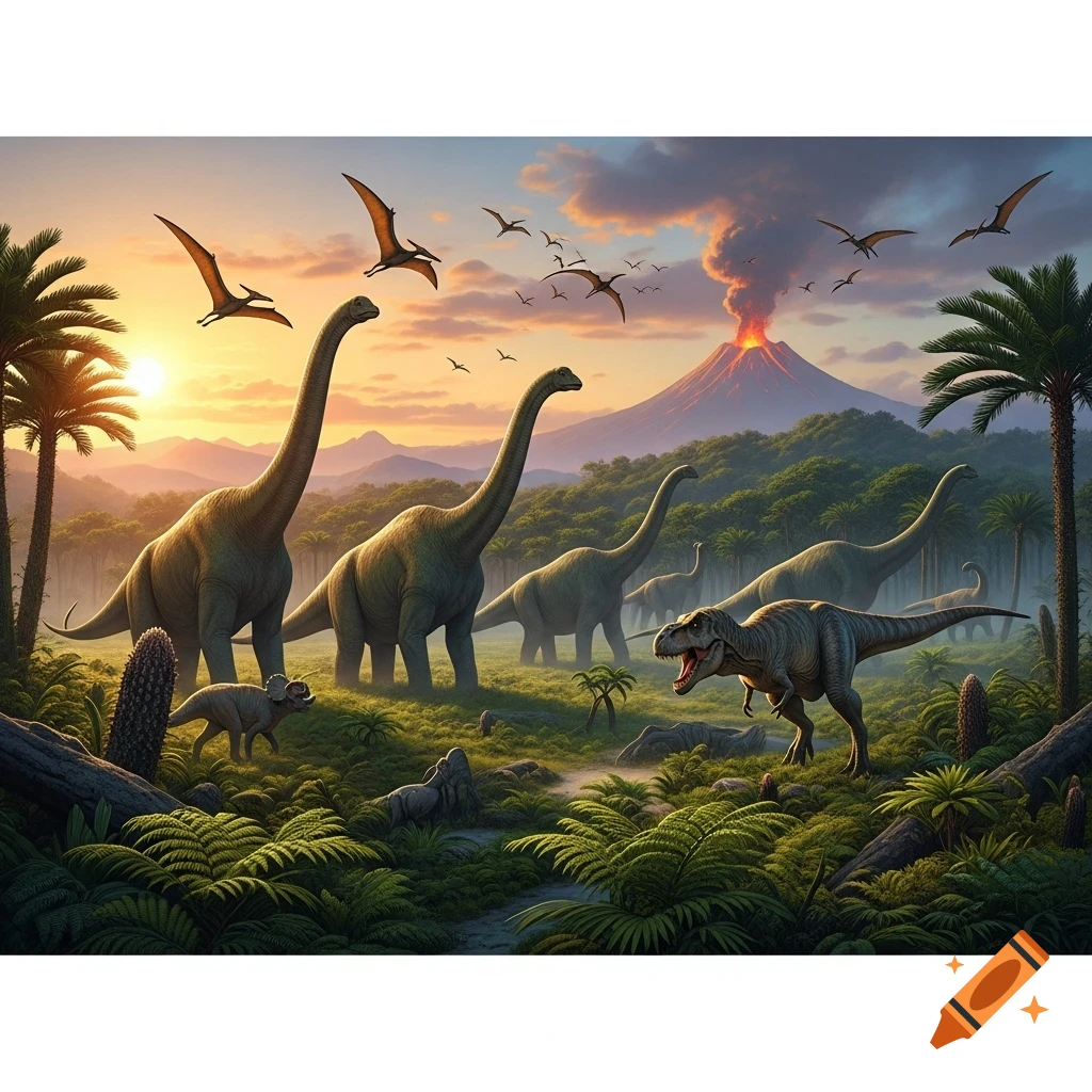 Long-necked dinosaurs and a T-Rex in a lush prehistoric landscape with palm trees, a smoking volcano, and pterosaurs flying at sunset.