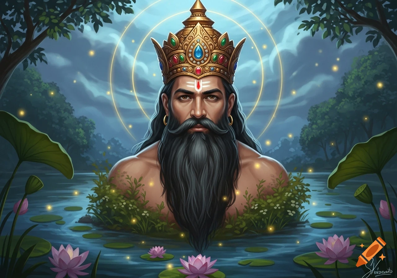 Illustrative painting of a majestic bearded man with an ornate Indian crown, in water with lotus flowers and glowing lights.