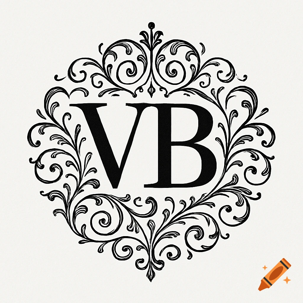 A black and white monogram featuring the letters VB encircled by ornate, symmetrical filigree design.