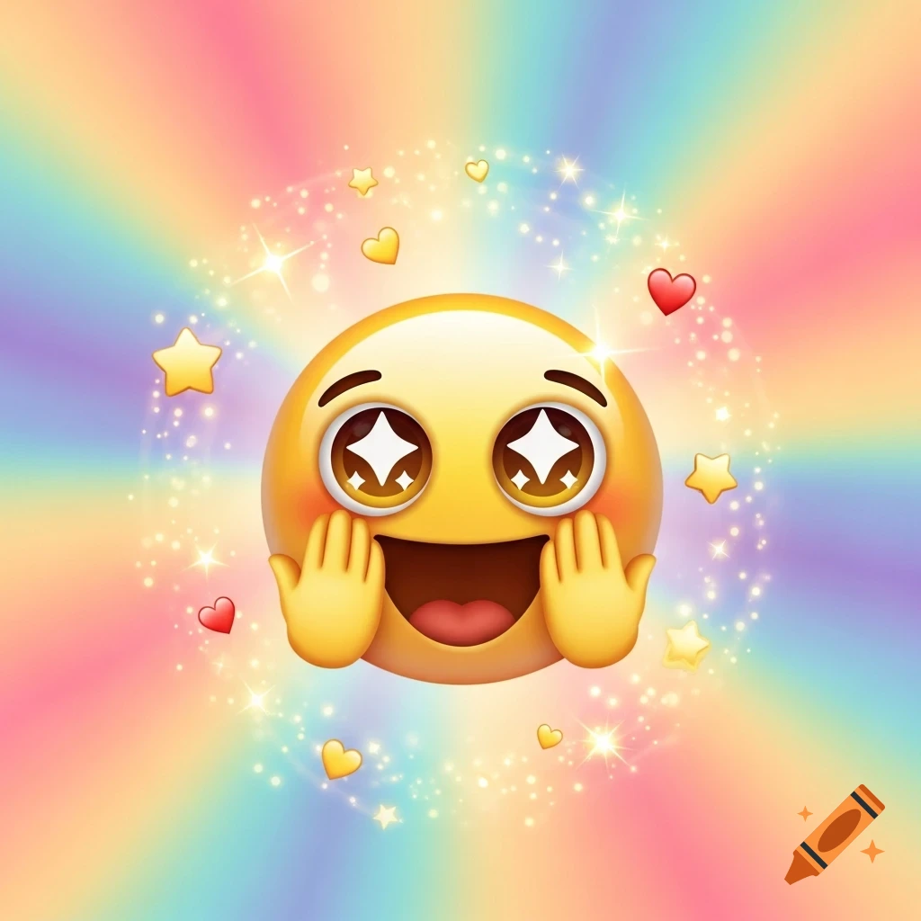 A joyful emoji with sparkling eyes, hands on cheeks, smiling wide, surrounded by stars and hearts on a rainbow background.