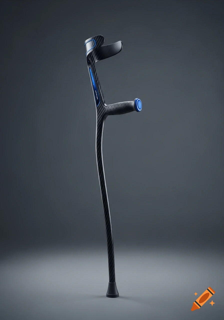 A sleek, modern crutch with a carbon fiber look and blue accents, set against a dark grey background.