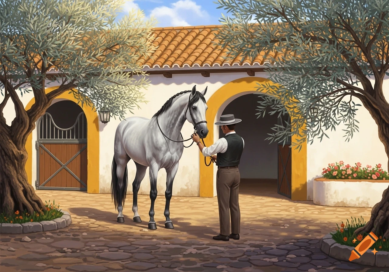 A man in a hat grooms a white Andalusian horse in a sunny Spanish stable courtyard with olive trees.