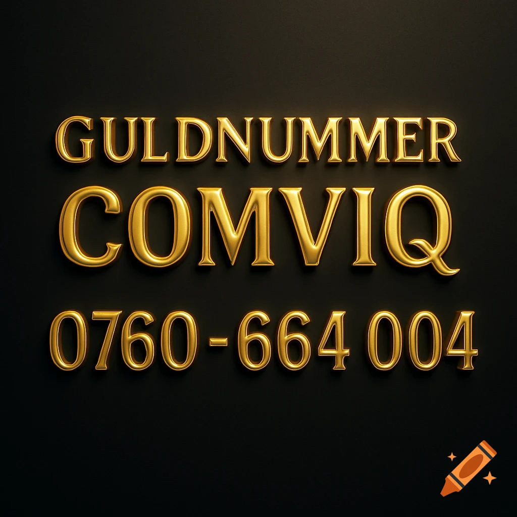 Shiny gold 3D text 'GULDNUMMER COMVIQ 0760-664 004' on a dark background.