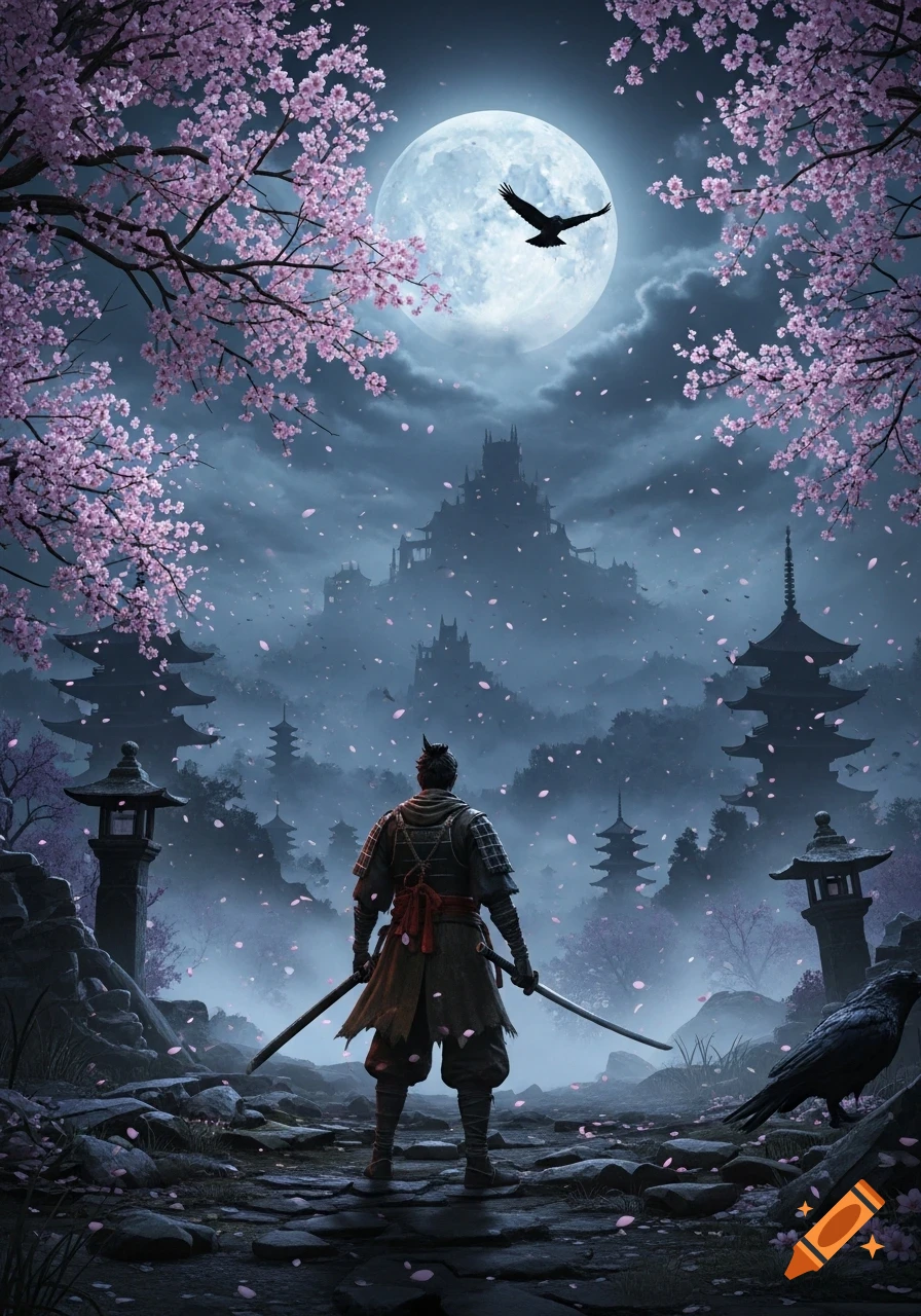 A samurai warrior stands on a rocky path with two katanas, overlooking a misty landscape of Japanese pagodas and a castle under a full moon with a flying crow and falling pink cherry blossoms.