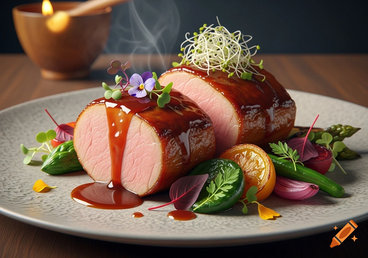 Two slices of glazed pork tenderloin with fresh herbs, sprouts, edible flower, and vegetables on a plate. Photorealistic.