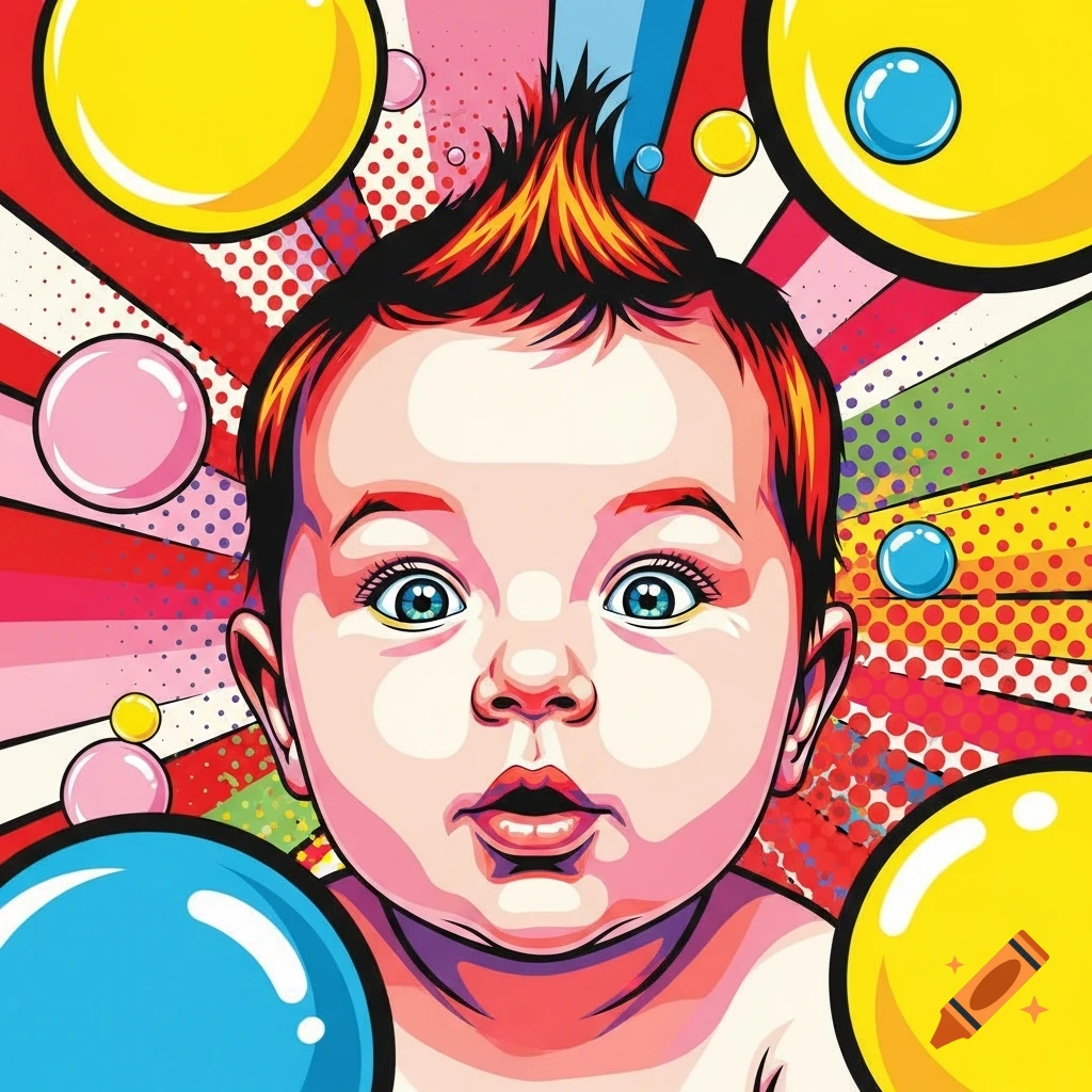 Close-up pop art portrait of a baby with spiky red hair and wide blue eyes, surrounded by colorful bubbles and a vibrant, patterned background.