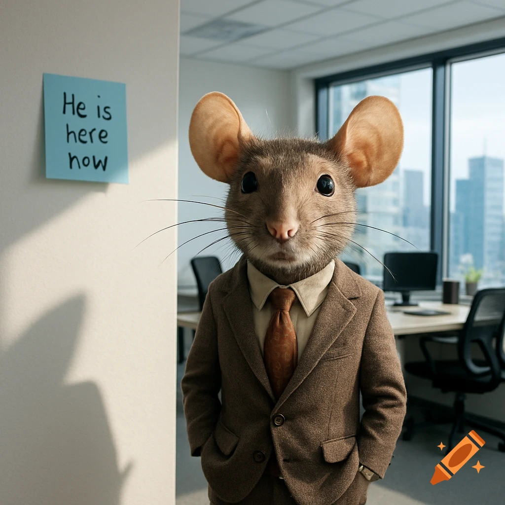 A photorealistic mouse-man in a brown suit and tie stands in an office ...