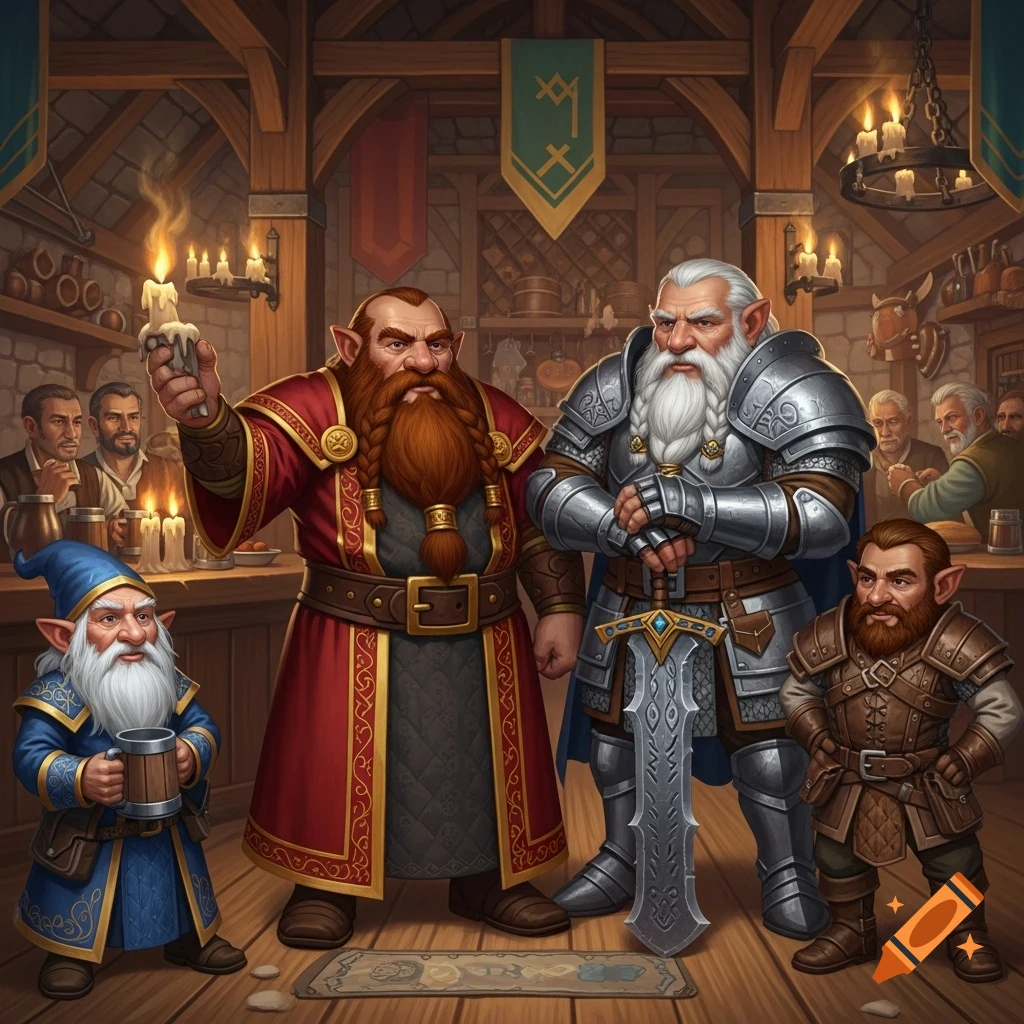 Four fantasy characters, including dwarves and gnomes in armor and robes, gather in a cozy, candlelit tavern.
