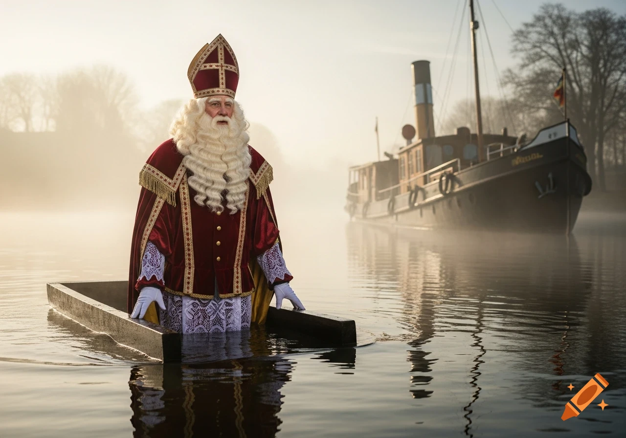 Photorealistic image of Sinterklaas in a misty river, holding a floating beam, with a partially sunken steamboat behind him.