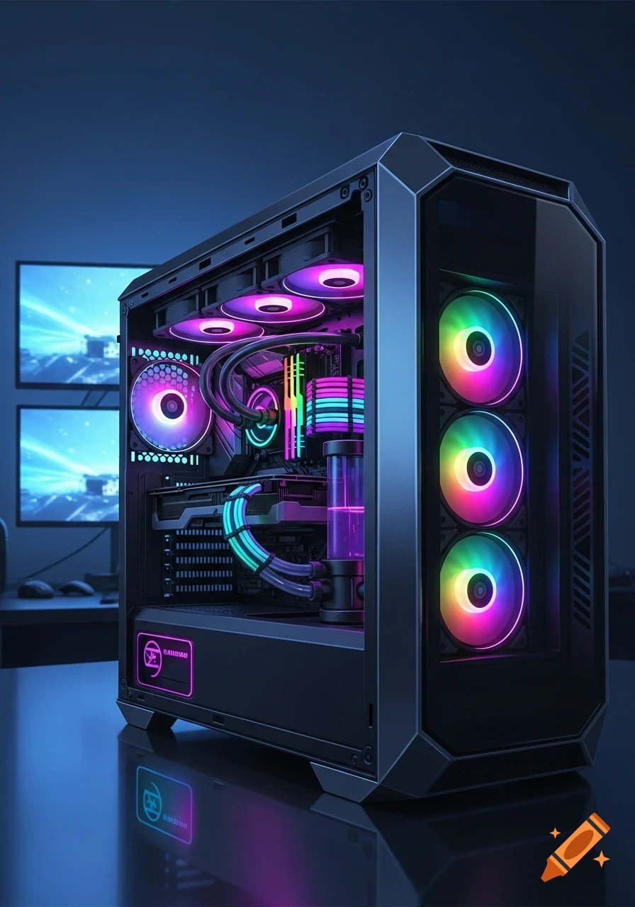 A close-up of a modern gaming PC with colorful RGB lighting on its fans and components, set against a dark background with dual monitors.