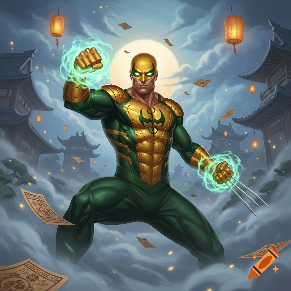 A superhero, a mix of Iron Fist and Wolverine, in green and gold, with glowing fists and claws, floats above temples at night.