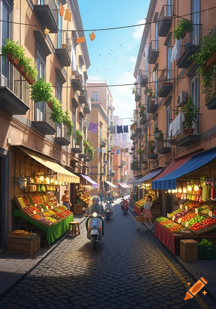 A vibrant street in a European city, with market stalls displaying fresh produce, people on scooters, and laundry hanging from balconies.