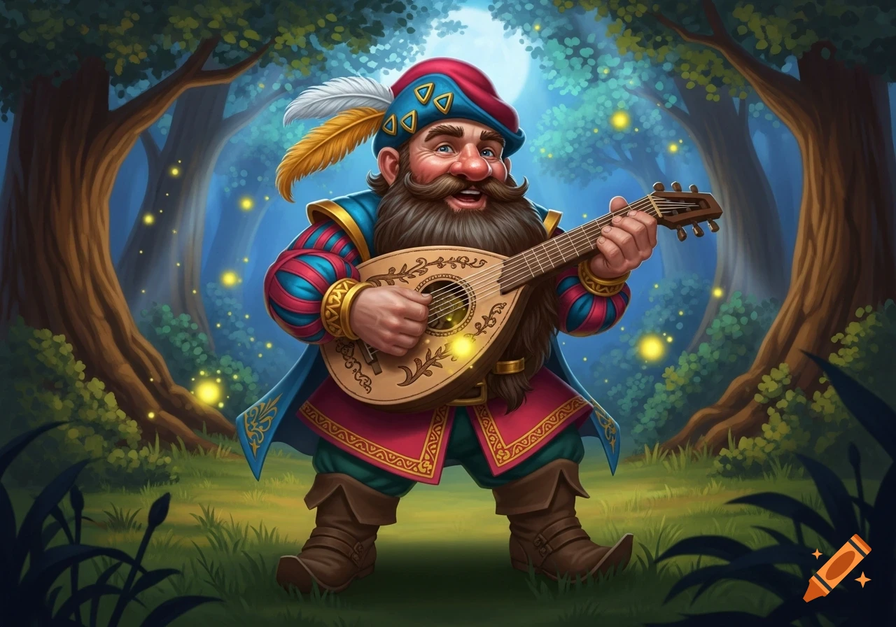 Vibrant digital painting of a smiling dwarf troubadour playing a lute in an enchanted forest with glowing lights.