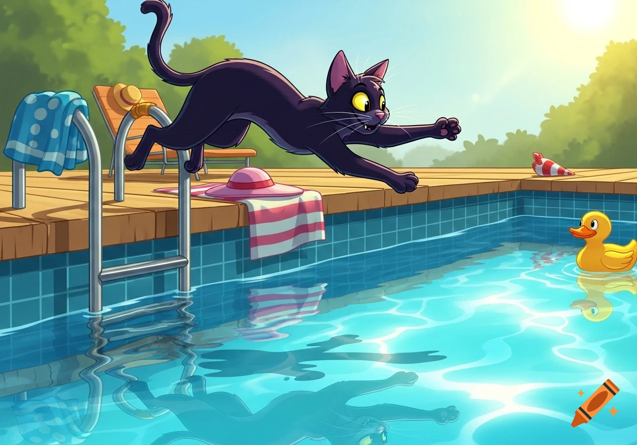 A cartoon black cat with yellow eyes leaps into a bright blue swimming pool from a wooden deck, towards a yellow rubber duck.