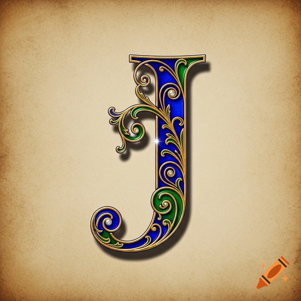 An ornate, illuminated capital letter 'J' in royal blue and emerald green with gold scrollwork and small white pearls, set against a textured beige background.