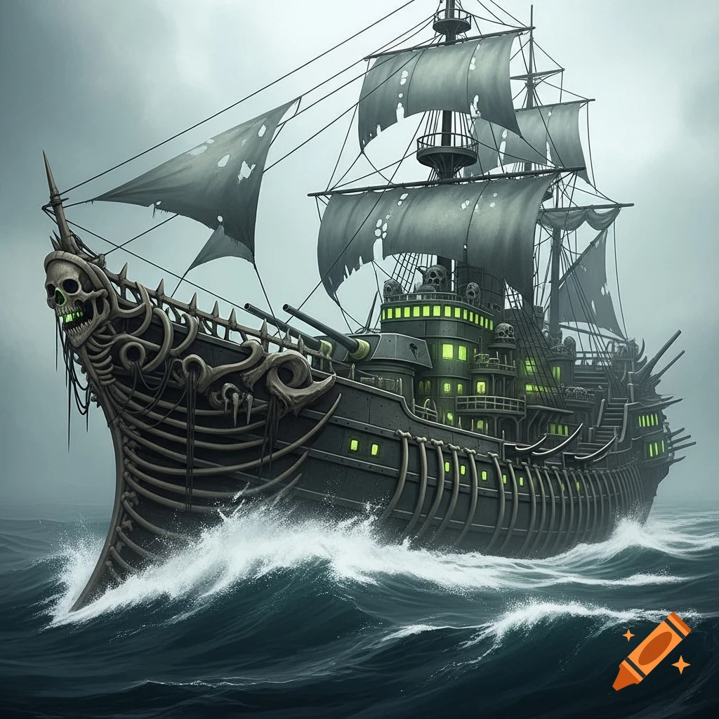 A dark, ghostly undead ship with bone detailing and glowing green windows sails through choppy waters under a stormy sky.