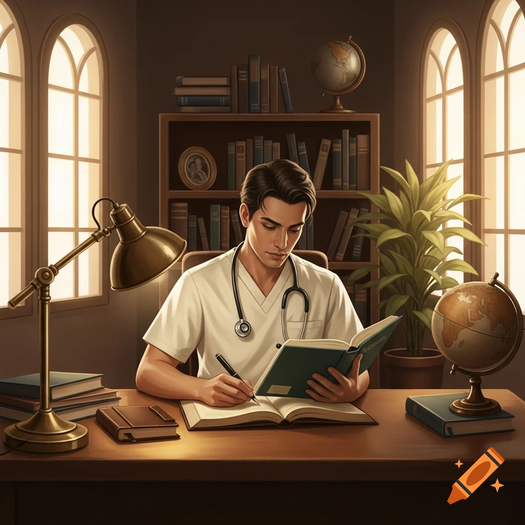 A male nurse or doctor in scrubs studies at a desk, writing in a book. The room has bookshelves, globes, and arched windows.