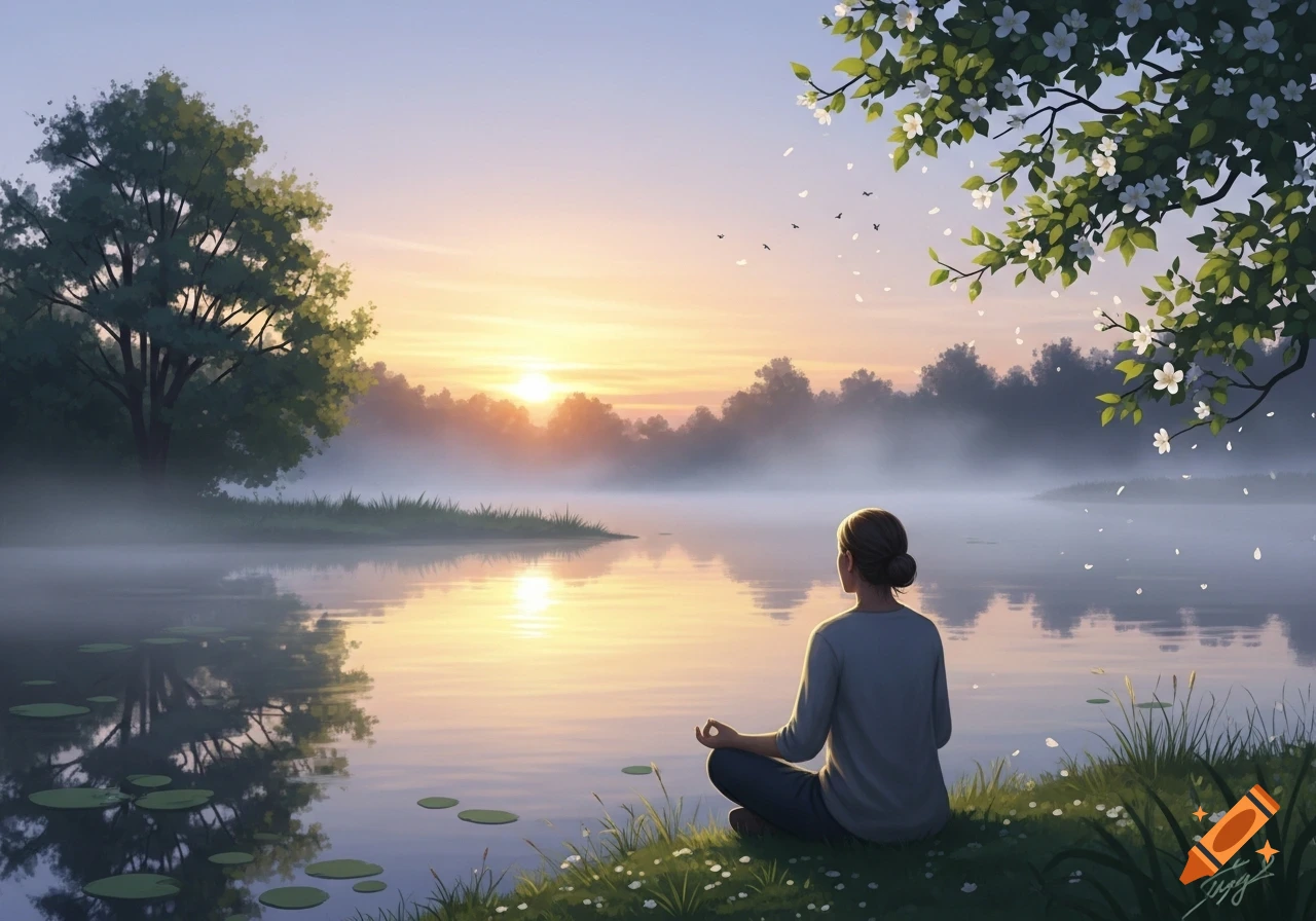 Illustrative painting of a person meditating by a misty lake at sunrise, surrounded by trees and falling blossoms.