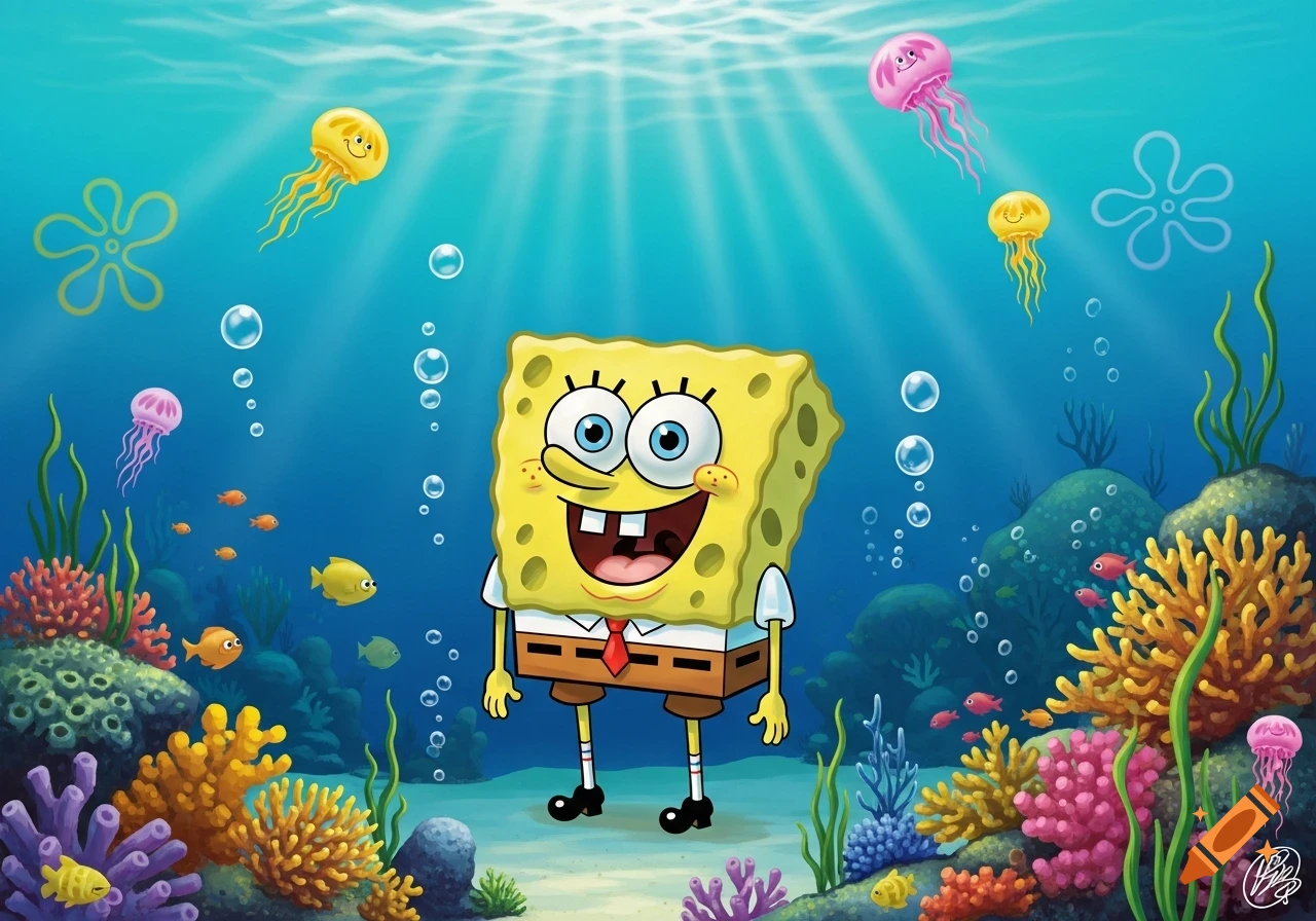 A colorful cartoon of Spongebob Squarepants smiling happily in a vibrant underwater coral reef with fish and jellyfish.