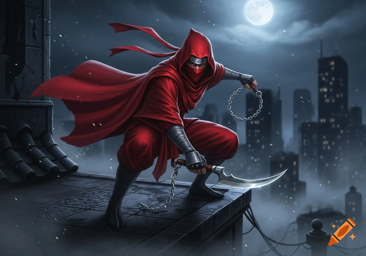 A red-hooded ninja crouches on a dark city rooftop at night, holding a chain and a curved dagger, with a full moon and city skyline in the background.