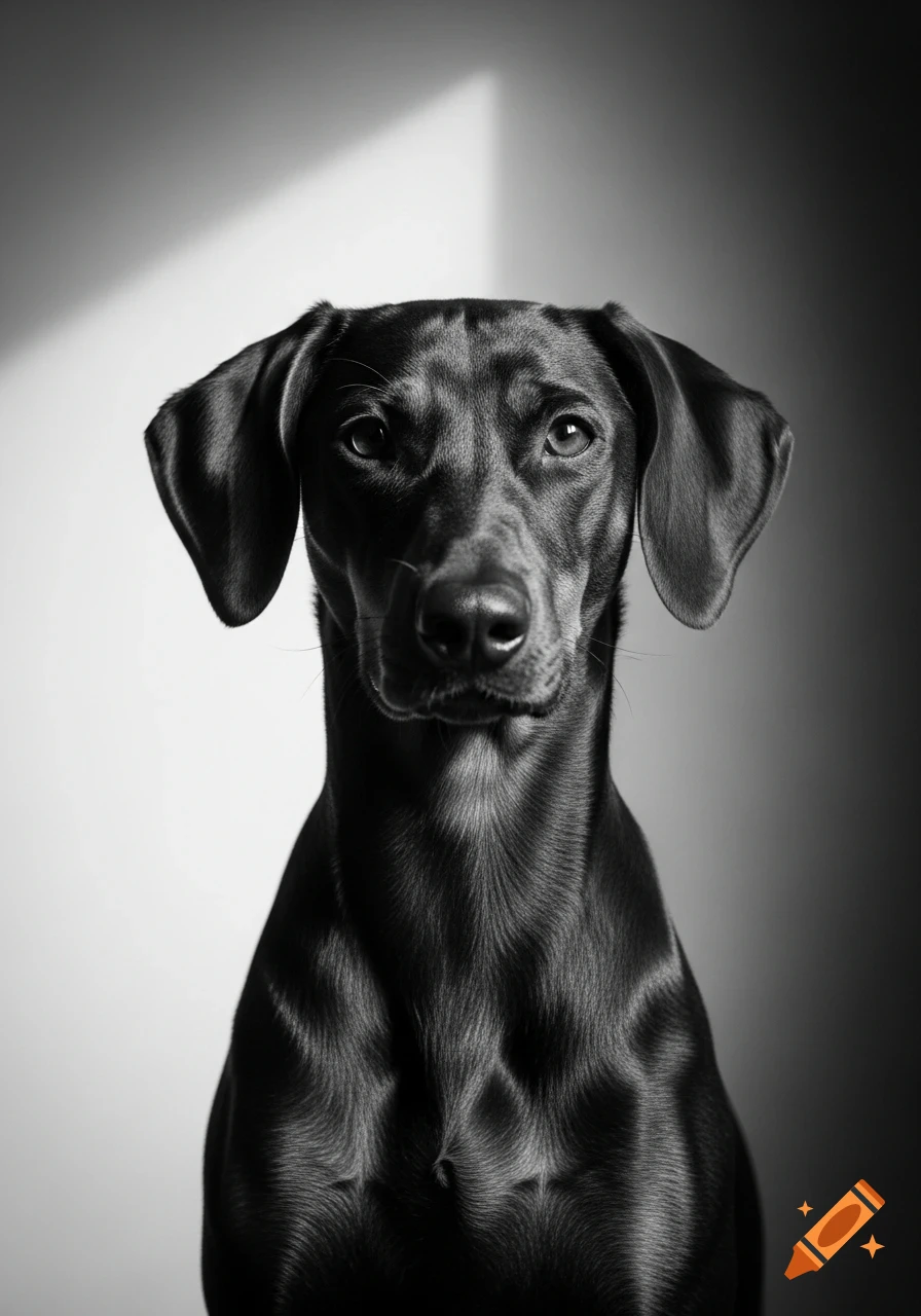 A close-up, black and white portrait of a sleek, dark-furred dog looking directly at the viewer with soft eyes.
