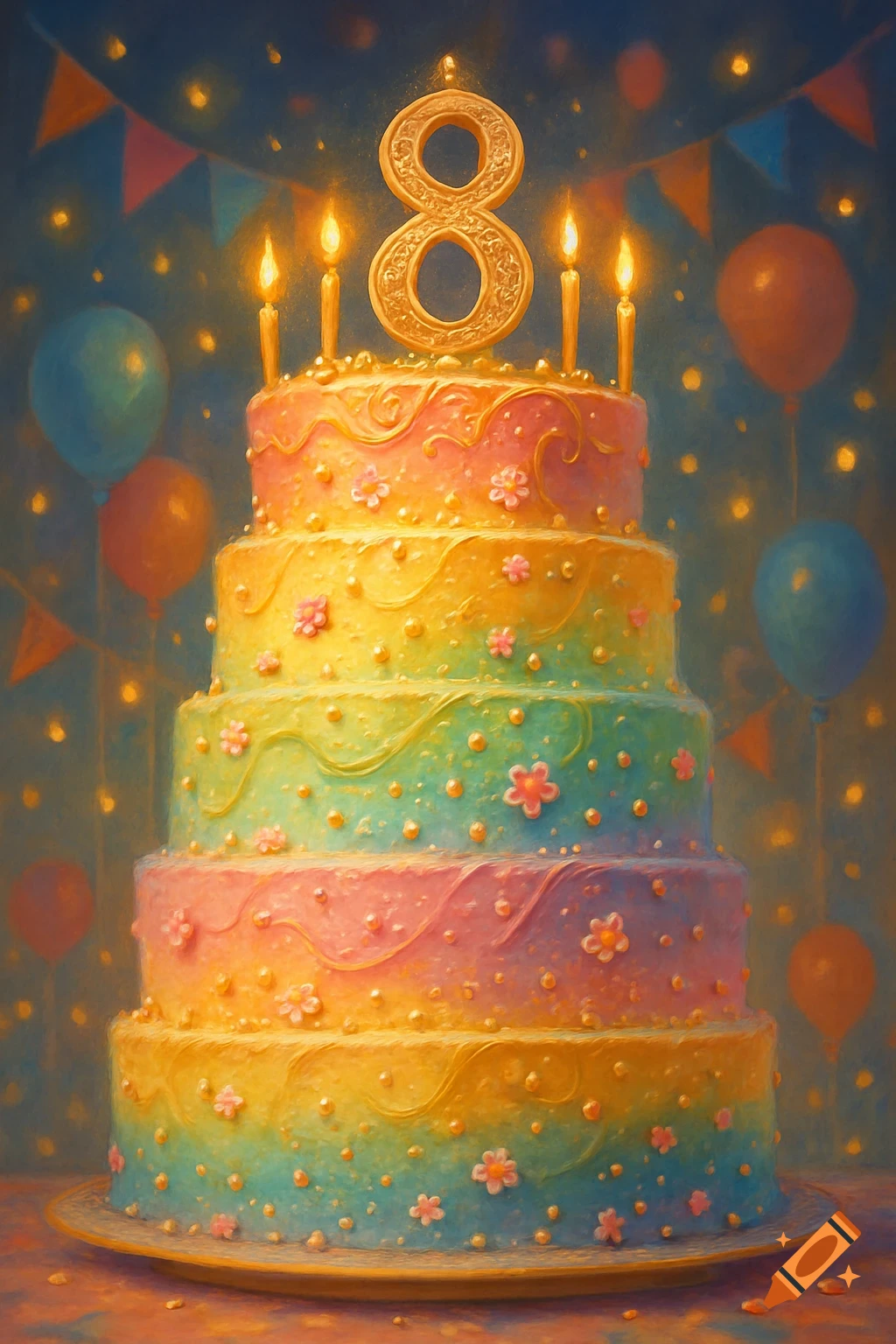 A vibrant, multi-tiered birthday cake with a golden number 8 and lit candles, surrounded by glowing lights and balloons.
