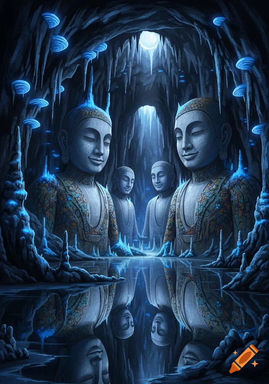 Digital art of four Buddha-like statues with patterned robes in a glowing blue ice cave, reflected in still water, with bioluminescent mushrooms.