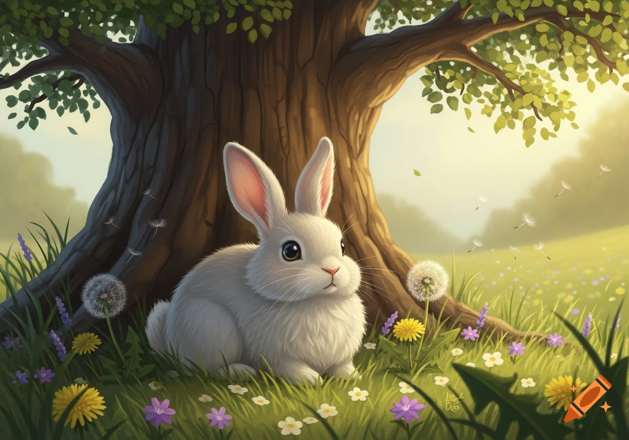 A fluffy white rabbit sits in a sunlit grassy field among colorful ...