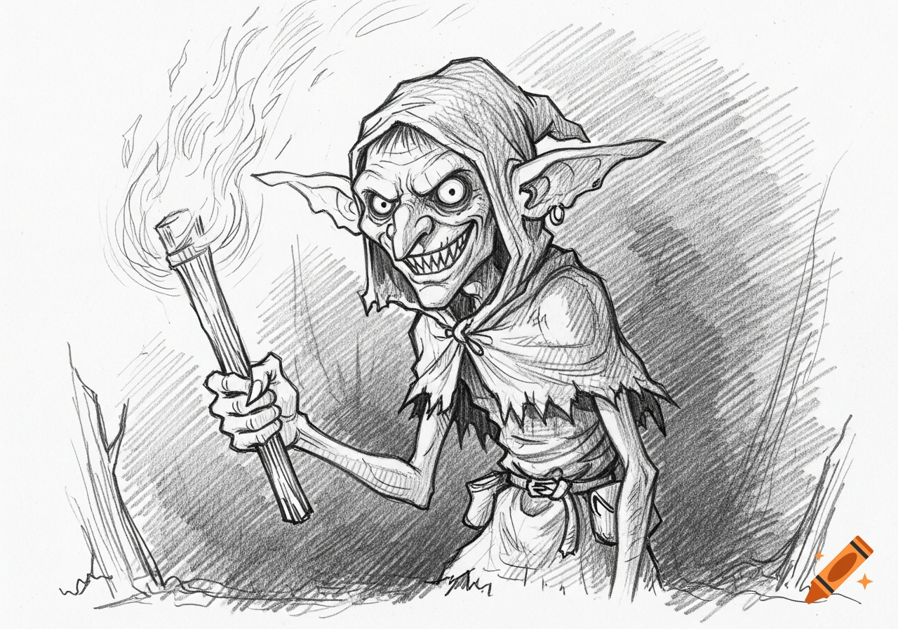 Pencil sketch of a grinning, scrawny goblin in a hooded cloak, holding a flaming torch against a dark, scratchy background.