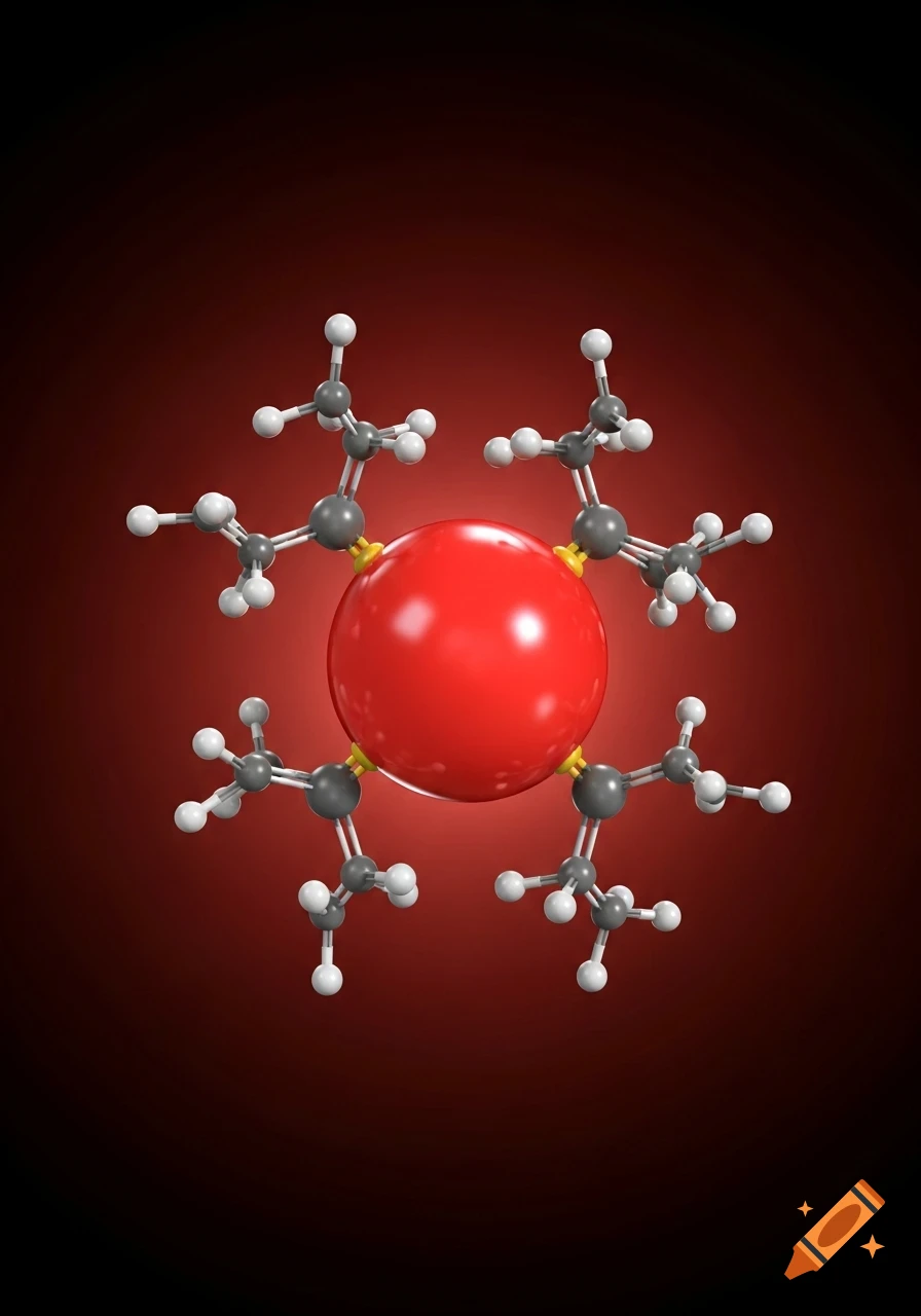 3D scientific rendering of a bright red quantum dot with white molecular ligands, on a deep-red gradient background.