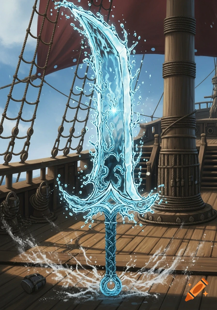 A glowing blue water sword stands on a weathered pirate ship deck, in a detailed Ghibli-inspired art style.