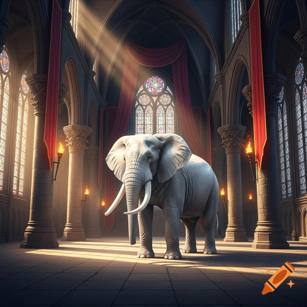 A photorealistic white elephant stands majestically in a grand, sunlit gothic cathedral hall with stained glass windows.