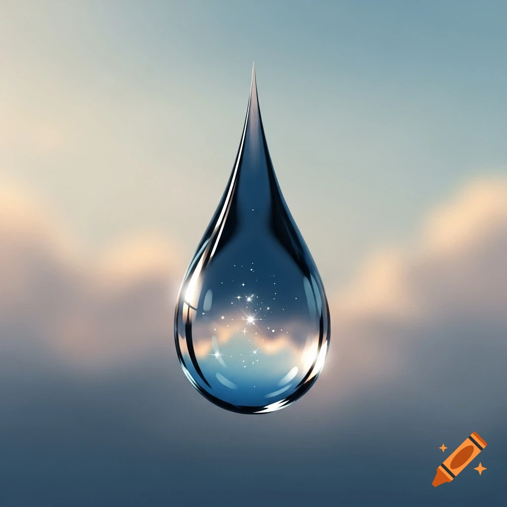 A large, clear water droplet reflects a soft, cloudy sky with sparkling lights inside, against a blurred blue and orange background.
