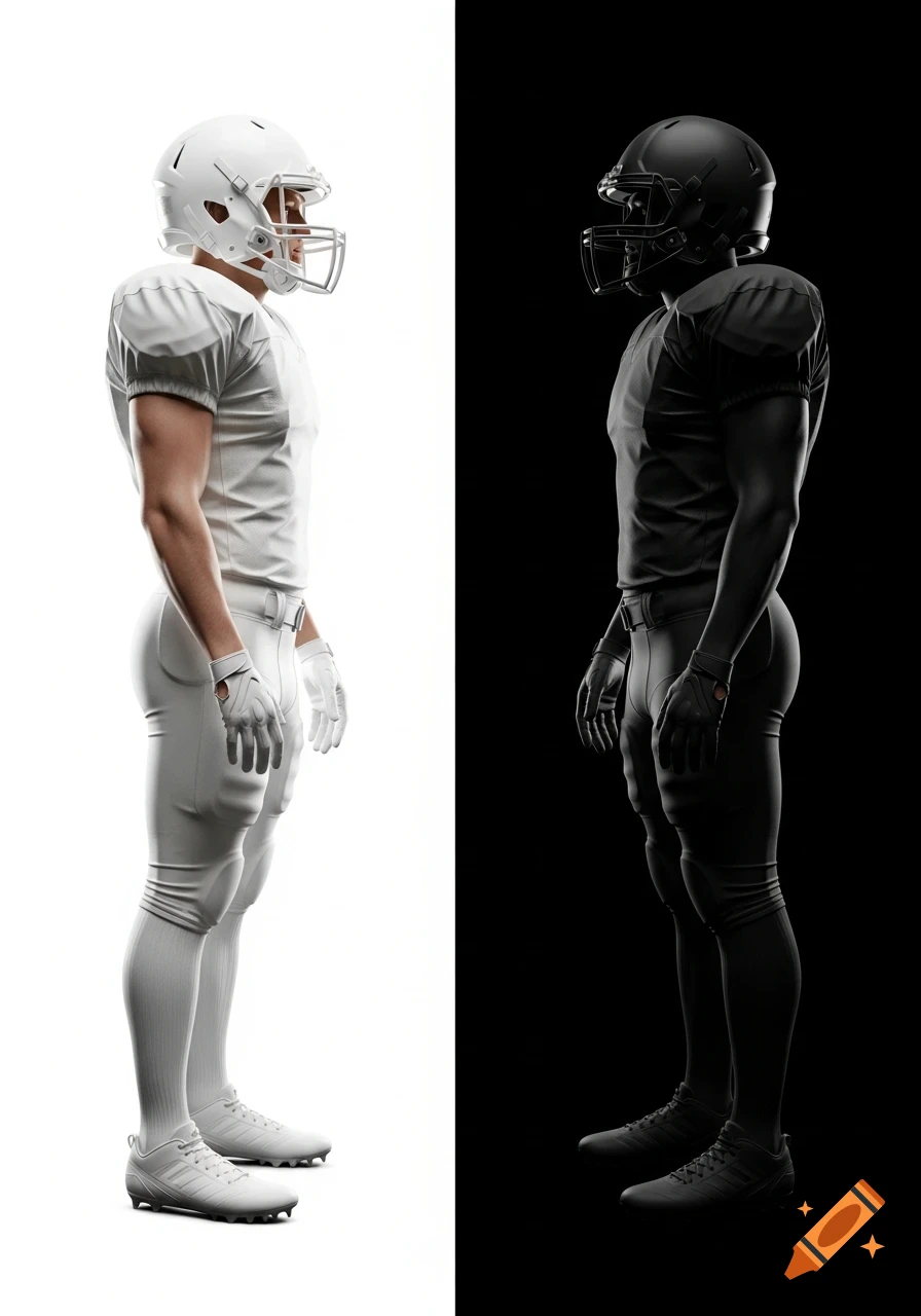 Detailed side view of two American football players; one in white on a white background, the other in black on a black background.
