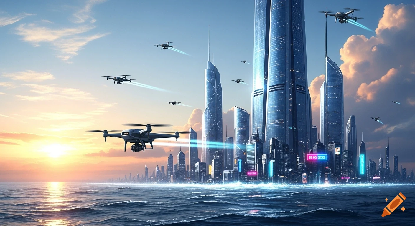 Futuristic city skyline with towering skyscrapers at sunset over the ocean, featuring multiple drones flying with glowing trails.