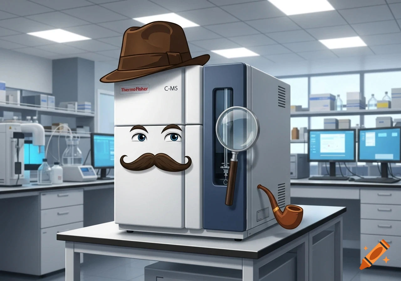 Cartoon scientific instrument, labeled 'Thermo Fisher C-MS', as a detective with a fedora, mustache, magnifying glass, and pipe in a lab.