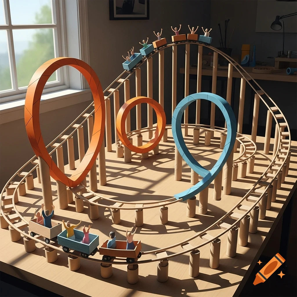 A detailed model roller coaster made from cardboard and paper tubes, with small figures riding in cars on a table.