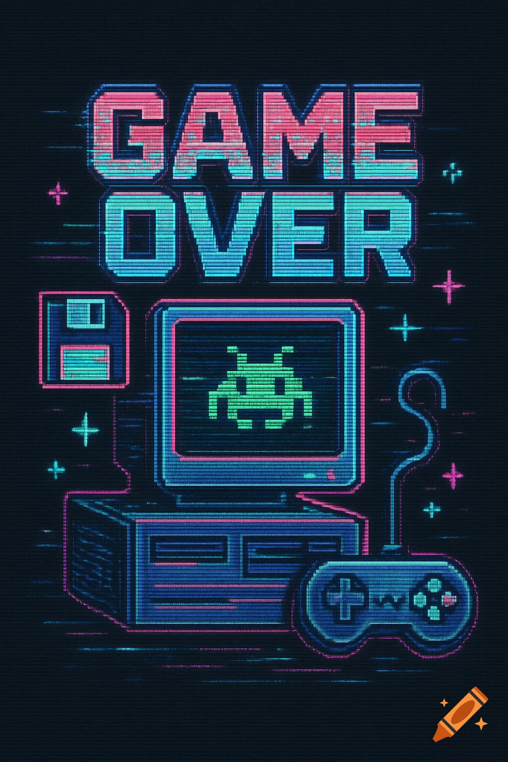 Pixel art illustration of 'GAME OVER' text, a retro computer, floppy disk, and gamepad in neon blue, pink, and green with glitch effects.