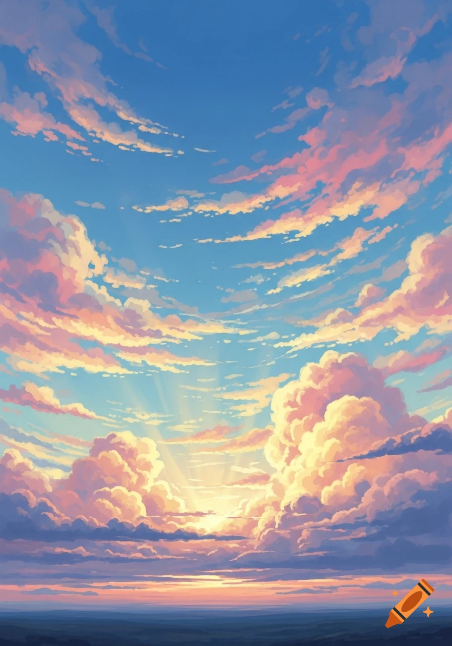 Vibrant illustrative sky at sunrise or sunset with voluminous pink, orange, and white clouds, illuminated by sun rays.